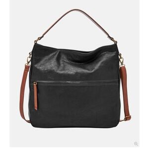 Fossil Corey Hobo Bag‎ Black Leather Purse Shoulder Womens Brown Accents